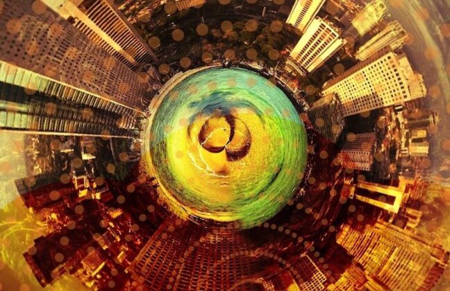 Hemispherical, orange tinted photograph of Central Park, New York