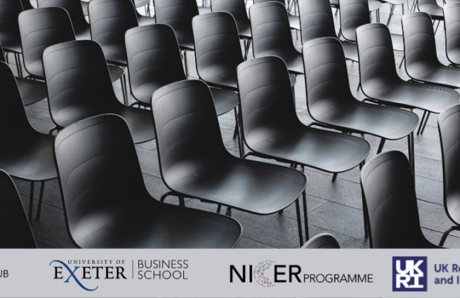 Empty chairs in rows in hall, CE Hub, UEBS, UKRI, NICER Programme logos