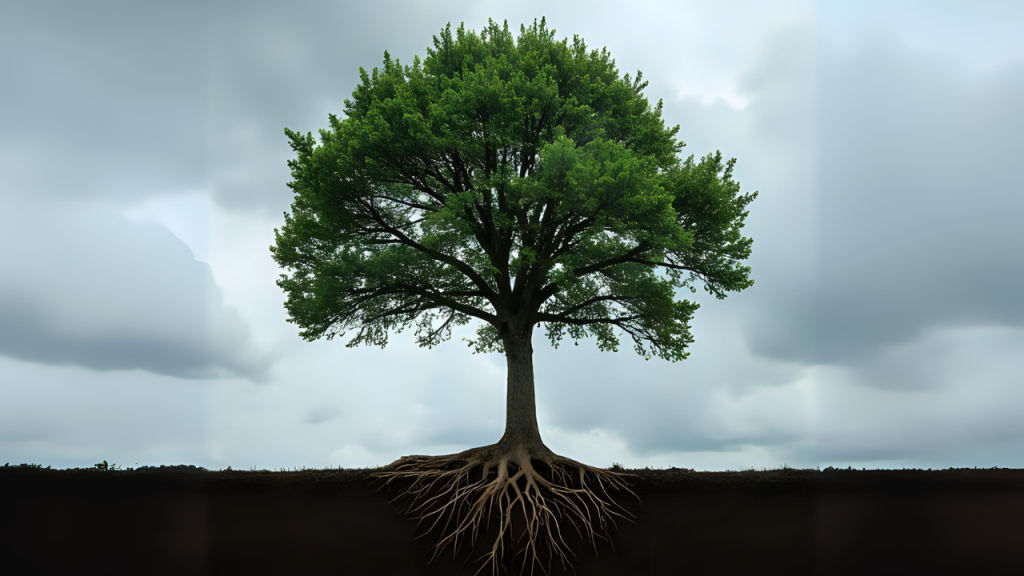 Strong green tree with strong roots visible in the ground